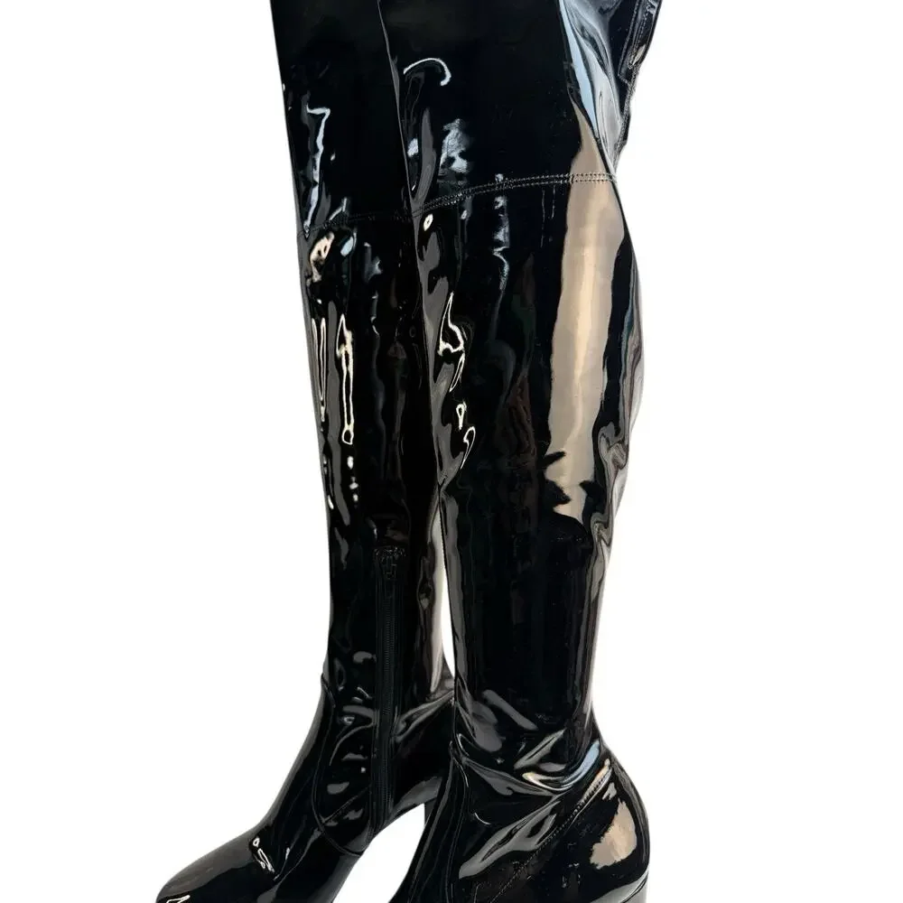Kenneth Cole New York Womens 8M Angelica Black Patent Leather Knee-High Boots
